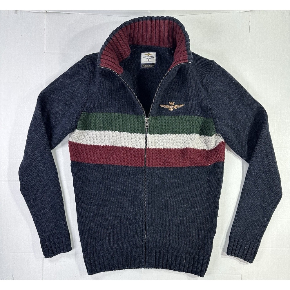 Aeronautica Militare Wool Zip Sweater Jacket Italian Knit Striped Mens Size M
